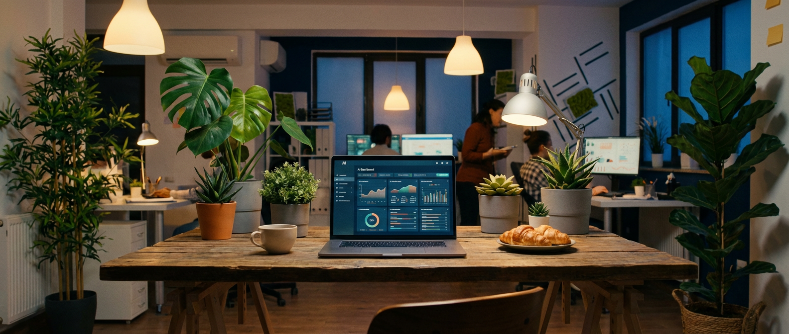 Modern workspace with laptop and AI interface